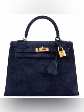 Classic Suede Handle Bag Navy H Kelly 28 Retourne Bleu Saphir Doblis Suede GHW